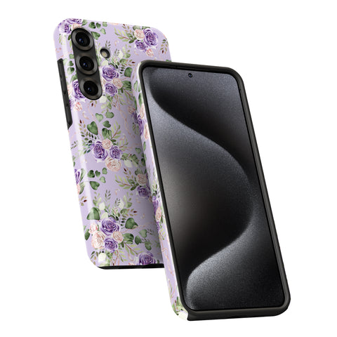 a smartphone case with a floral pattern in shades of purple and green. The case is designed to protect the phone and add a decorative touch.