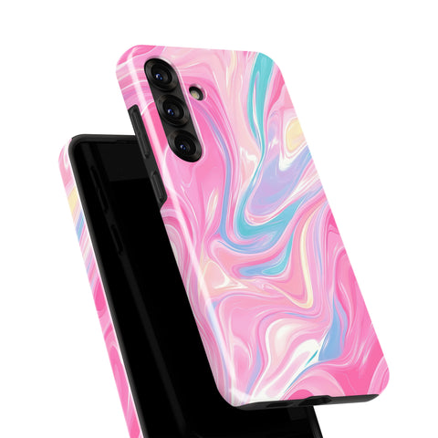 a pink and blue marble-like pattern on a phone case.
