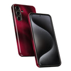 a red smartphone with a black screen, positioned in a way that it appears to be tilted or turned.
