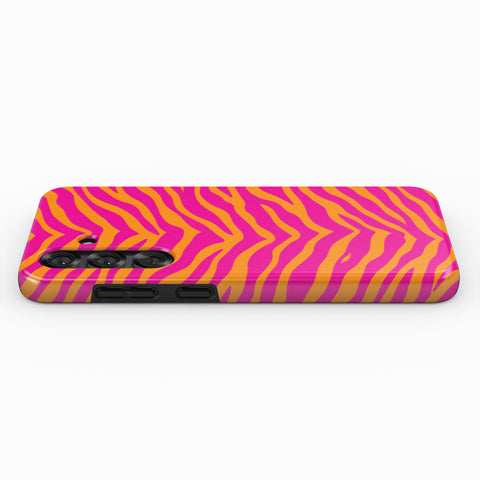 A smartphone case with a vibrant, zebra-striped pattern in shades of pink and orange.