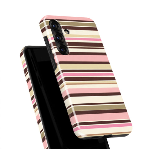 a phone case with a striped pattern in shades of pink, brown, and beige.