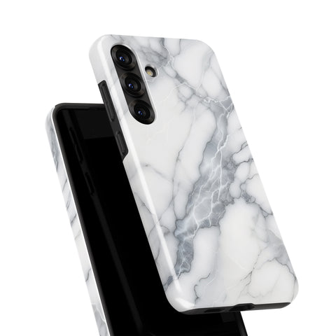 a marble-patterned phone case with a black and white color scheme.