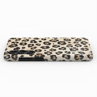 A leopard print phone case with a beige background and black leopard print pattern.