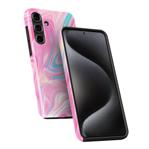 a pink and blue marble-patterned phone case for a Samsung smartphone.