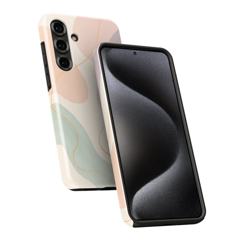 a smartphone case with a unique abstract design, including a combination of pink, green, and black colors. The case appears to be made of a soft, flexible material, suitable for protecting the phone.