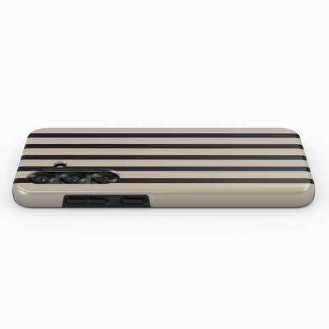 A phone case with a striped pattern in black and beige colors.