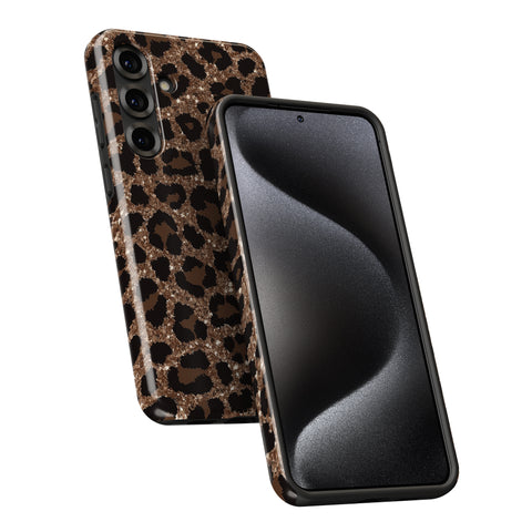 a smartphone with a leopard print case on it.