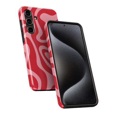 a red and black smartphone case with a unique, abstract design.
