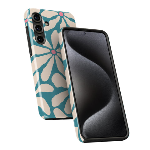 a smartphone with a floral patterned case on the back and a black screen on the front.