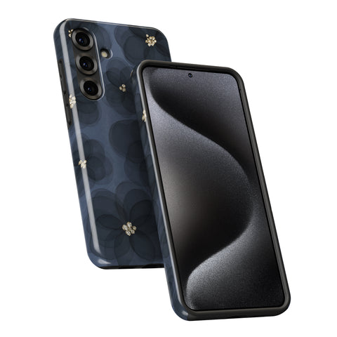 a smartphone case with a floral pattern on the back and a black, curved case on the front.