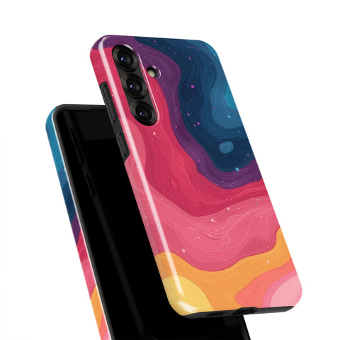 a colorful phone case with a swirling pattern in shades of pink, blue, and orange.