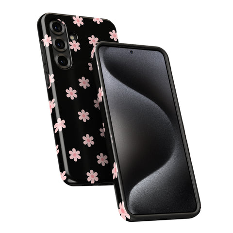 a black smartphone case with a floral pattern on it.