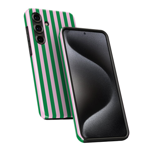 a smartphone with a colorful, striped case on it.