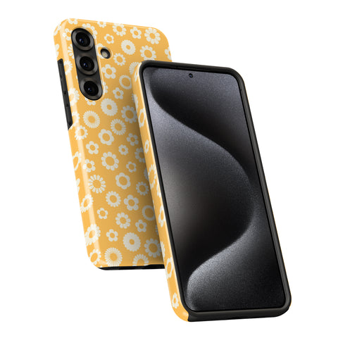 a smartphone case with a yellow floral pattern on the back and a black case on the front.
