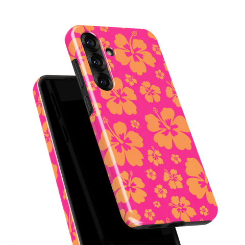A pink and orange floral patterned phone case is shown against a white background.