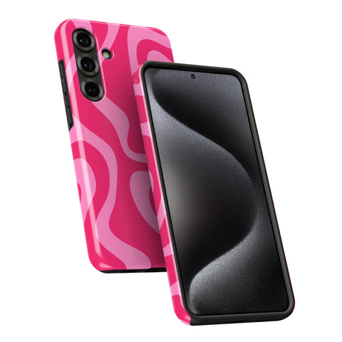 a pink and black smartphone case with a wavy pattern.