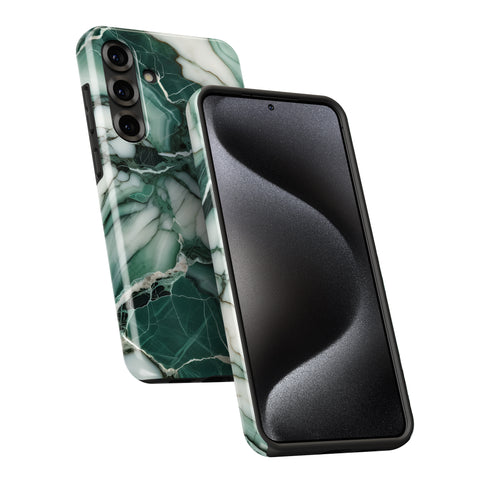 a smartphone with a marble-patterned case on it.