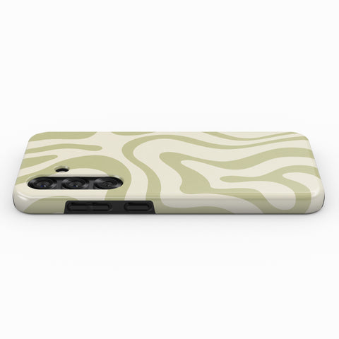 A phone case with a wavy pattern in shades of green and beige.
