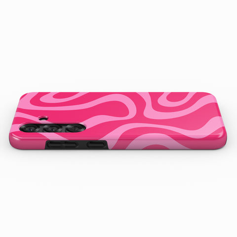 A pink and white swirly pattern on a phone case.
