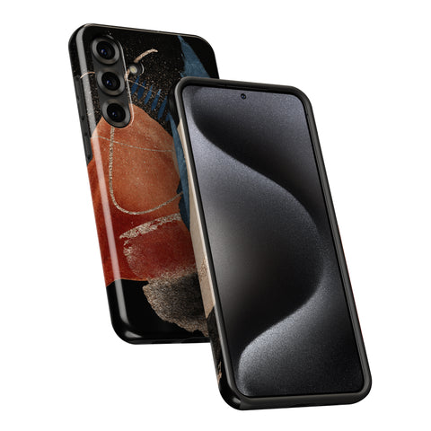 a smartphone with a black case and a colorful abstract design on the back cover.