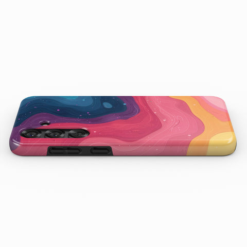a colorful, abstract design with swirling patterns in shades of pink, blue, and orange.