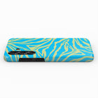 A colorful phone case with a zebra print design in blue and yellow.