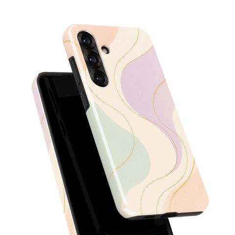 a phone case with a colorful abstract design, including lines and swirls in various shades of pink, green, and beige.