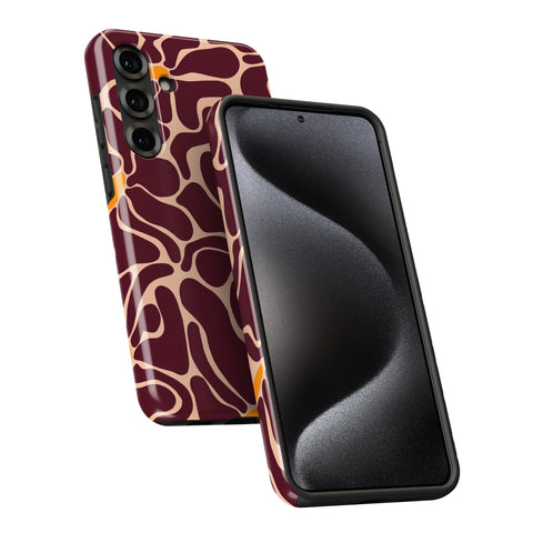 a smartphone case with a maroon and gold pattern, and it is shown from two different angles, with the front and back views.