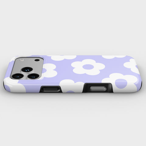 A phone case with a purple and white flower pattern.