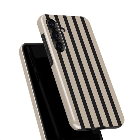 a smartphone case with a striped pattern of black and beige vertical lines.