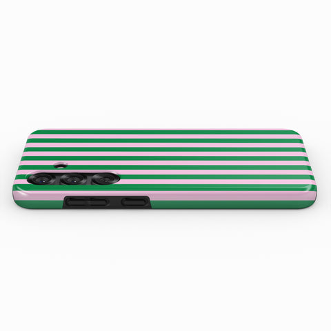 A green and white striped phone case is shown against a white background.