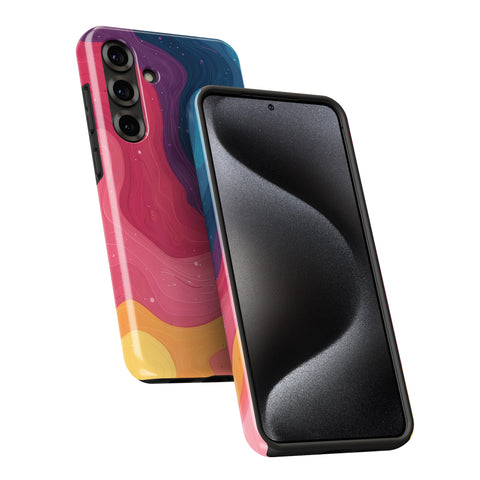 a colorful smartphone case with a vibrant abstract design, including shades of pink, blue, and orange. The case is positioned on the right side of the image, with the back of the phone facing the viewer.