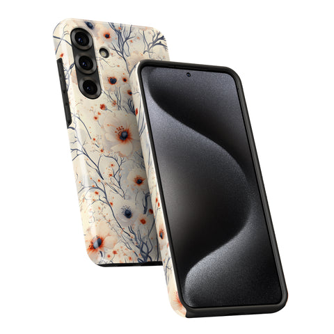 a smartphone with a floral pattern on its case and a black screen.