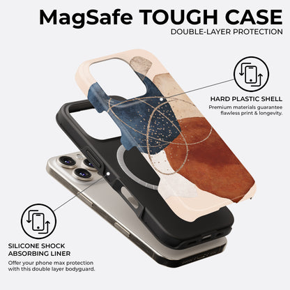 Abstract earthy geometric MagSafe tough phone case featuring double-layer protection with hard plastic shell and silicone shock absorbing liner