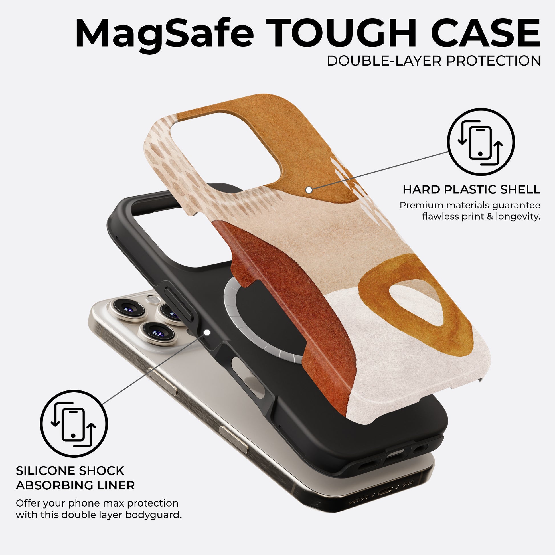 Abstract mustard and terracotta MagSafe tough phone case showing double-layer protection with hard plastic shell and silicone shock absorbing liner