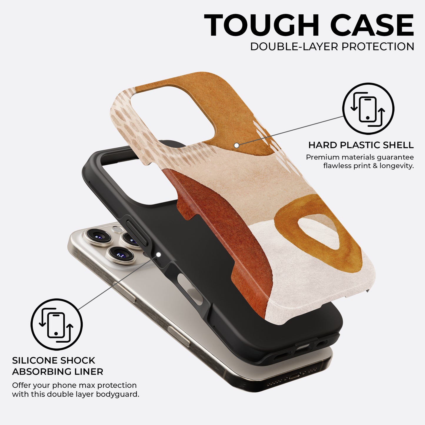 Abstract mustard and terracotta tough phone case showing double-layer protection with hard plastic shell and silicone shock absorbing liner
