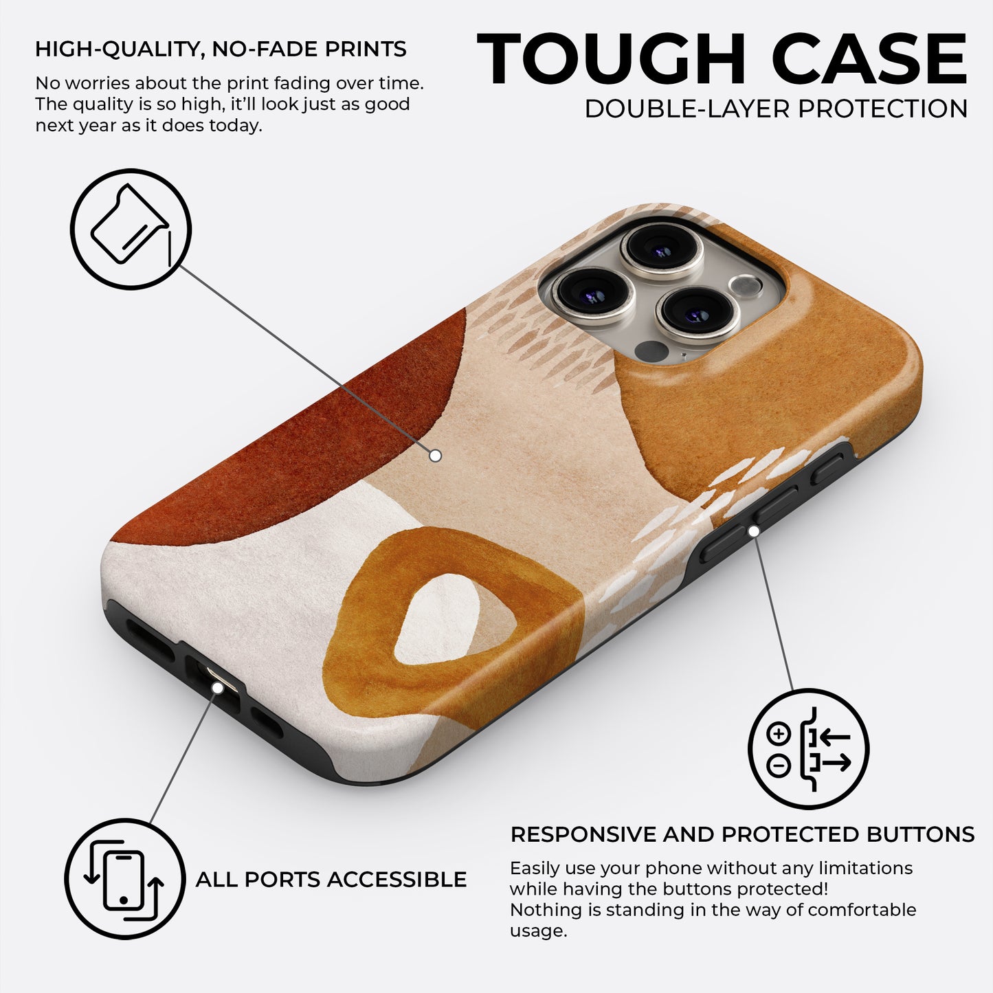 Abstract mustard and terracotta tough phone case with high-quality no-fade print and double-layer protection design
