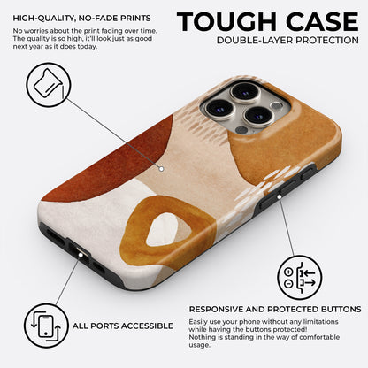Abstract mustard and terracotta tough phone case with high-quality no-fade print and double-layer protection design
