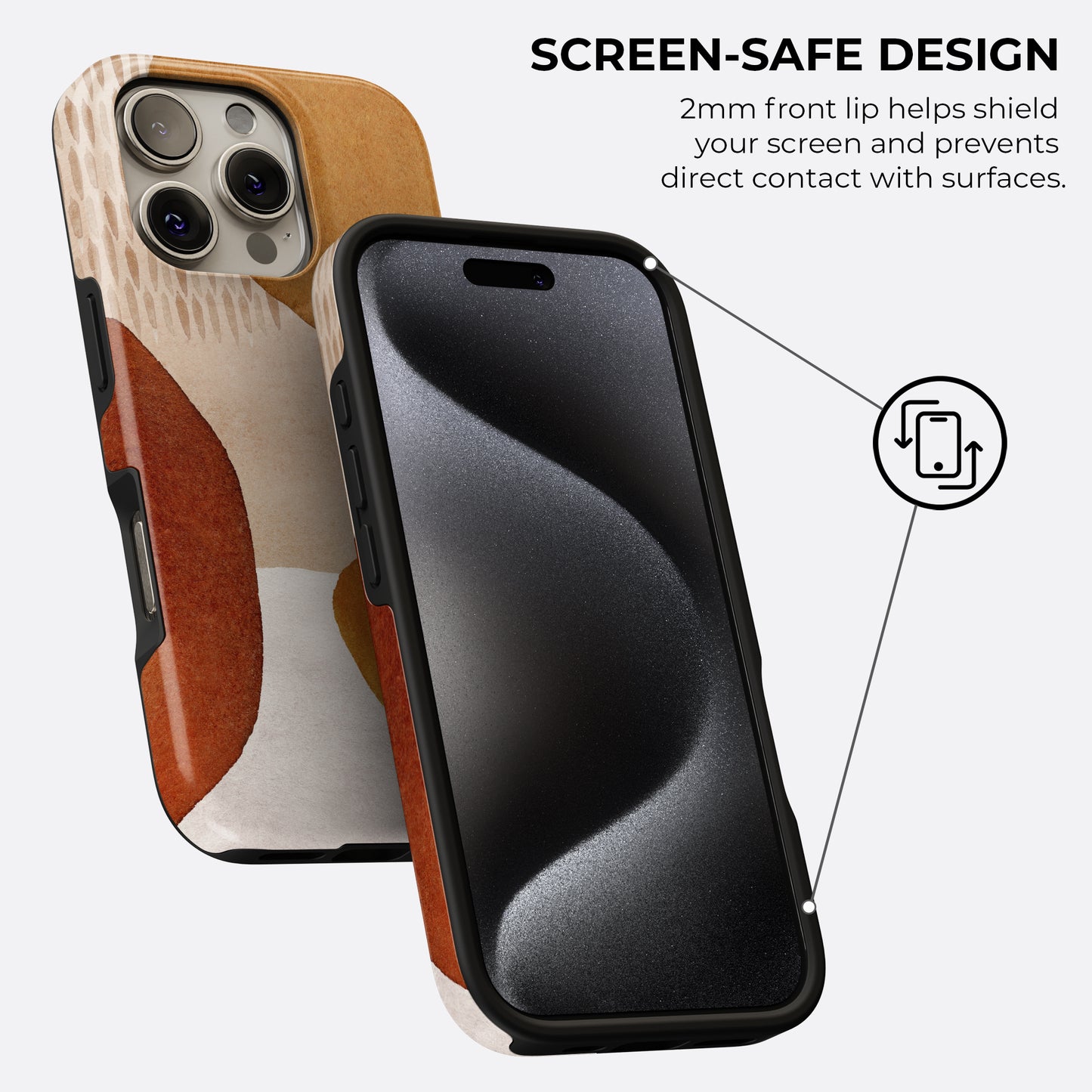 Abstract mustard and terracotta tough phone case showing screen-safe design with raised 2mm front lip for screen protection