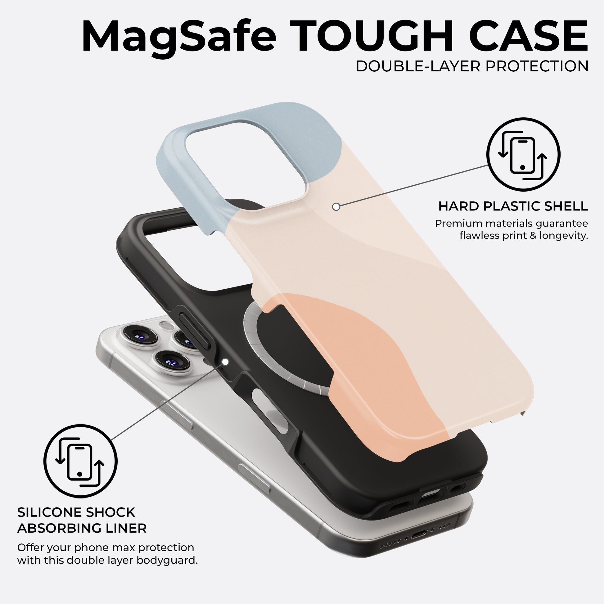 Abstract peach and blue MagSafe tough phone case with double-layer protection and silicone shock absorbing liner by Casiden