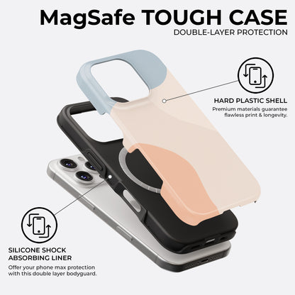 Abstract peach and blue MagSafe tough phone case with double-layer protection and silicone shock absorbing liner by Casiden