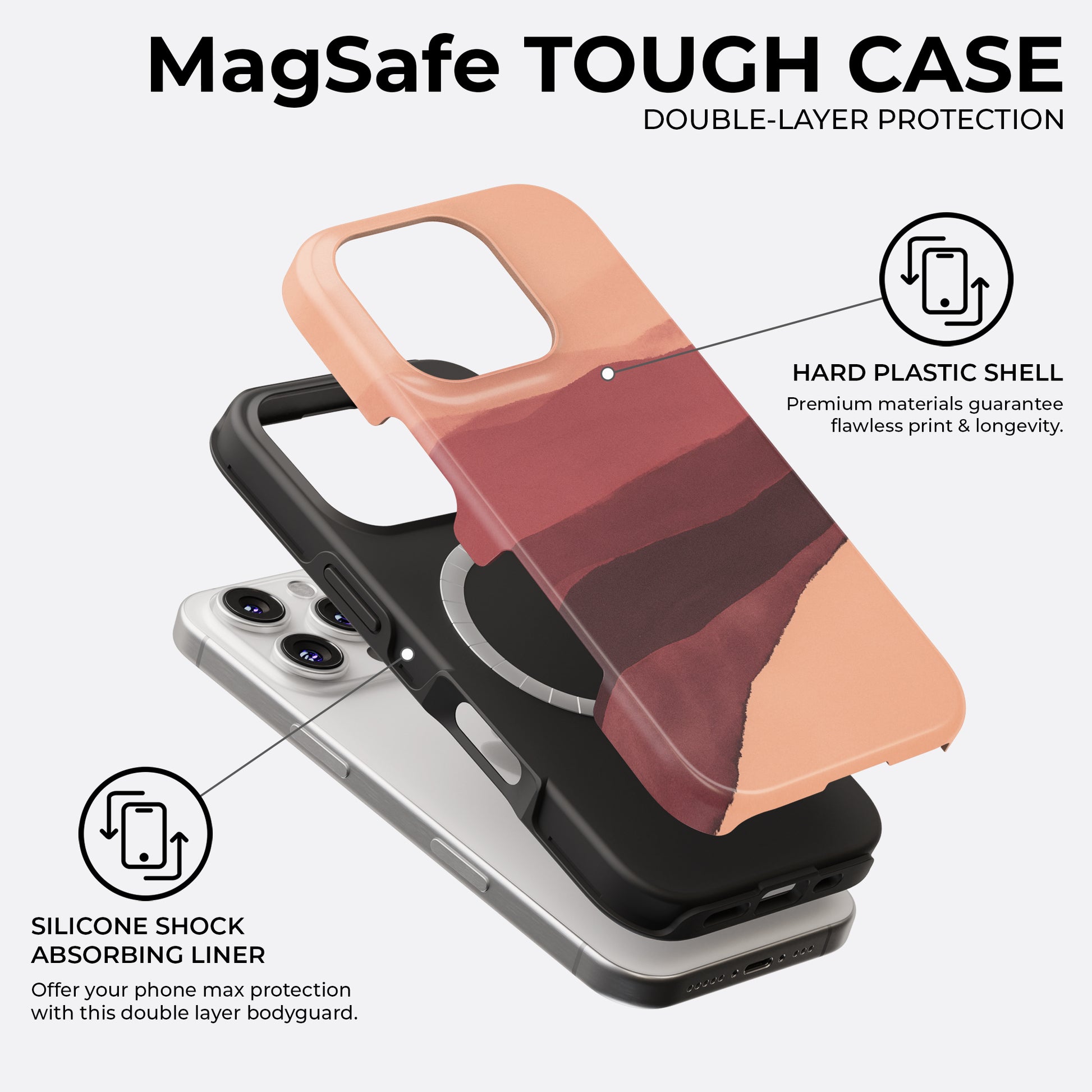Abstract purple MagSafe tough phone case with double-layer protection and built-in magnetic ring, featuring a hard plastic shell and silicone shock-absorbing liner, by HaloCovers