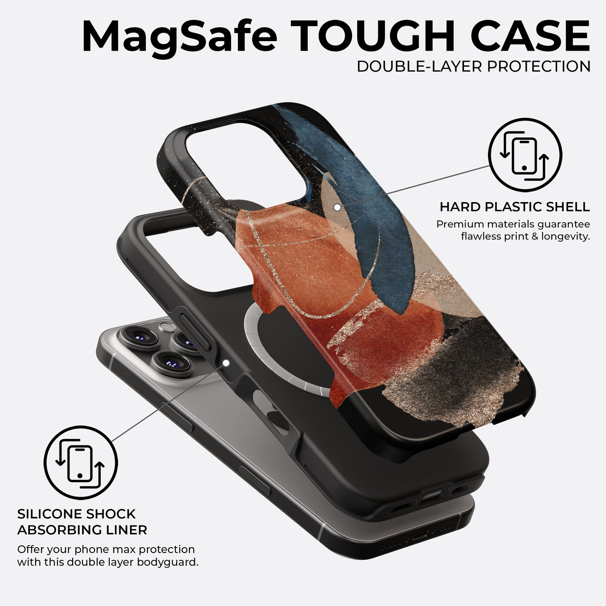 Abstract terracotta and navy blue MagSafe tough phone case showing double-layer protection with hard plastic shell and silicone shock-absorbing liner