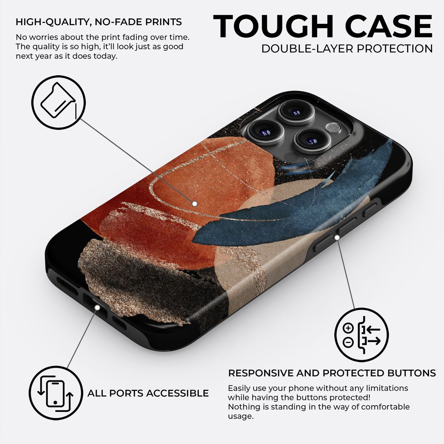 Abstract terracotta and blue tough phone case with no-fade high-quality print, double layer protection, responsive buttons, and precise port cutouts