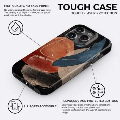 Abstract terracotta and blue tough phone case with no-fade high-quality print, double layer protection, responsive buttons, and precise port cutouts