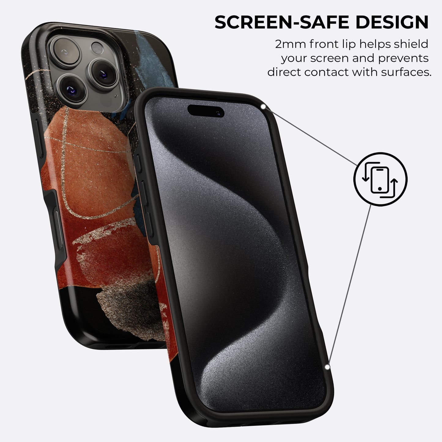 Abstract terracotta and navy blue tough phone case with raised screen-safe edge design providing 2mm front lip protection against drops and scratches