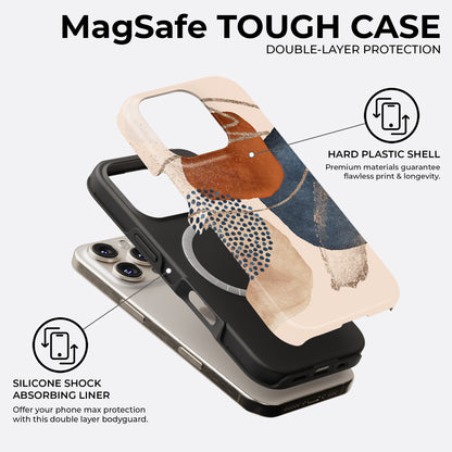 Abstract terracotta and navy blue MagSafe tough phone case showing double-layer protection with hard plastic shell and silicone shock-absorbing liner