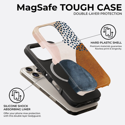 Abstract terracotta and navy blue MagSafe tough phone case showing double-layer protection with hard plastic shell and silicone shock absorbing liner