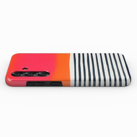 A colorful phone case with a striped pattern in orange and black.