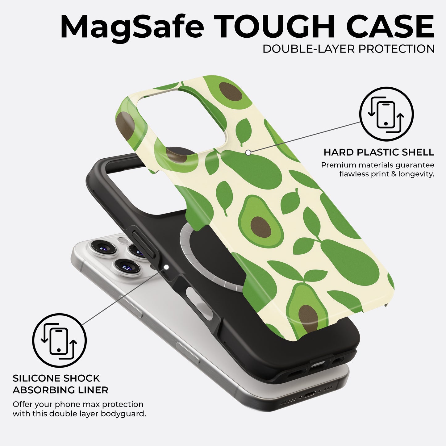 Avocado MagSafe tough phone case with double-layer protection, featuring a hard plastic shell and shock-absorbing silicone liner, by HaloCovers